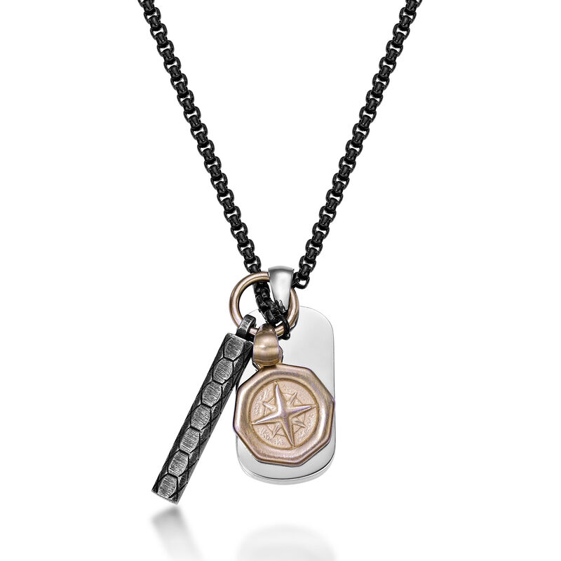 2 Tone Multi Pendant on 24" Box Chain in Black & Gold Ion Plated Stainless Steel image number null